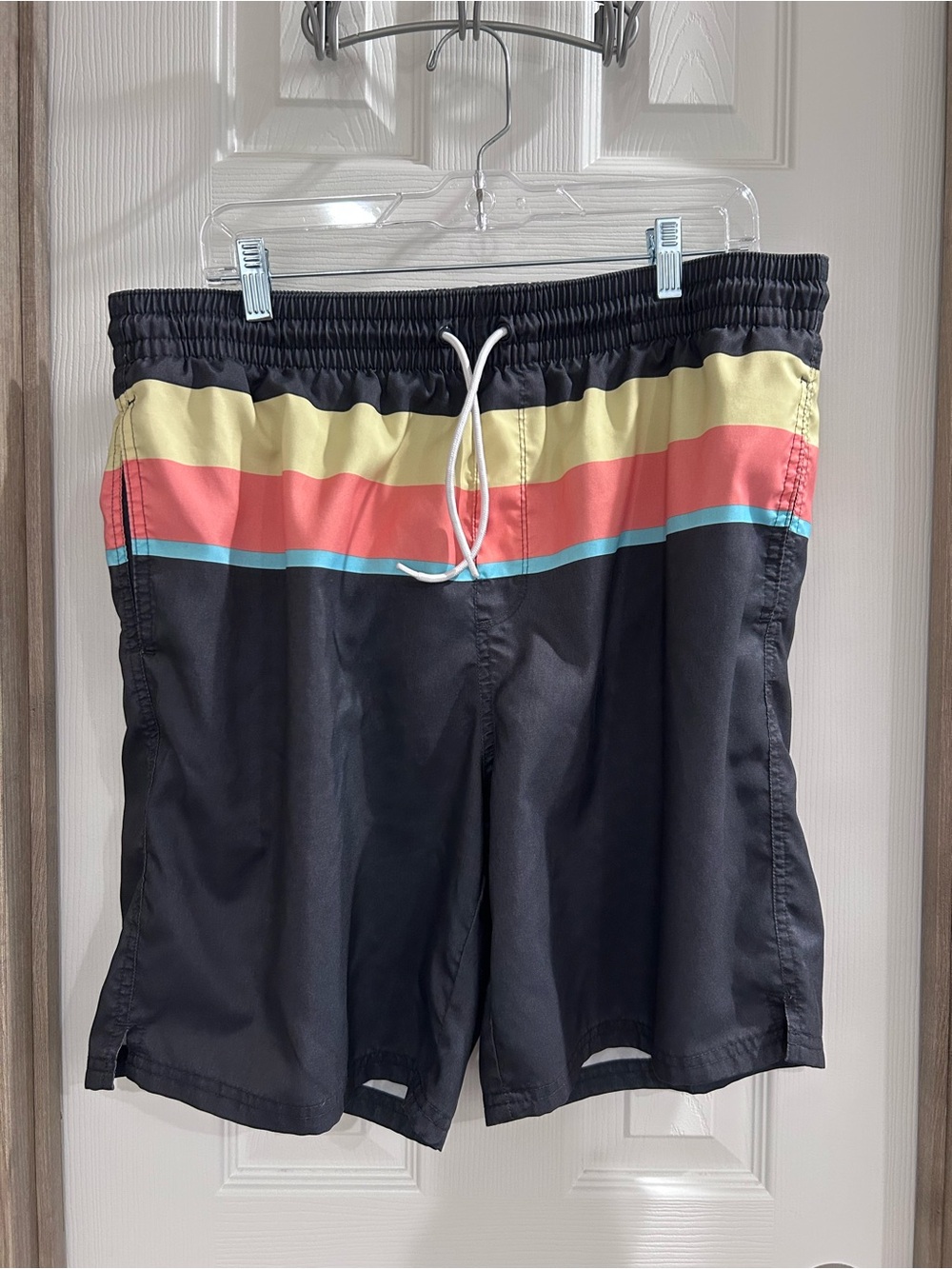Black Swim Trunks with Yellow, Coral & Teal Stripes